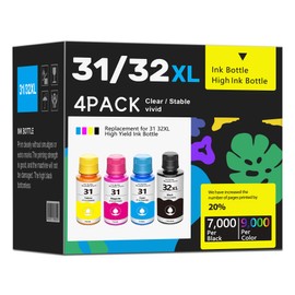 31 & 32XL Ink Bottles 4-Pack (1 Black, 1 Cyan, 1 Magenta, 1 Yellow), Compatible with HP Smart Tank 5101, 5102, 6001 | 7001, 7002, 7301, 7602 Plus Printer | High Yield & Anti-Clog Technology