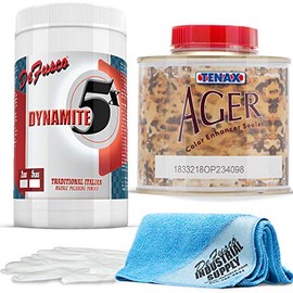 Marble Polishing Powder - Dynamite 5x Marble Polish 2 lbs - Tenax Ager 1/4 Liter -16x16 Microfiber Cloth - Gloves - BUNDLE - 4 Items