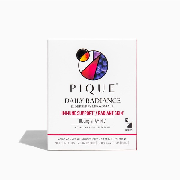 PIQUE Daily Radiance Liposomal Vitamin C for Immune Support - 1,000 mg Vitamin C & 1,900 mg Elderberry per Packet, Powerful Antioxidants for Healthy Collagen Production - 28 Packets (10mL Each)