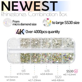 qiipii 4010pcs Crystal AB Glitter Stones Rhinestones Nails, 6 Sizes (1.6-6 mm) for SS30 K9 Glass Round Nail Stones Glitter Stones Rhinestones Nail Art Nail Design Nail Charms for Nail Art Face