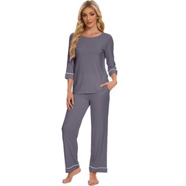 WiWi Pajamas for Women Scoop Neck 3/4 Sleeve Pajama Set Soft Sleep Lounge Set Sleepwear -Viscose from bamboo S-XXL,Dark Grey,Medium