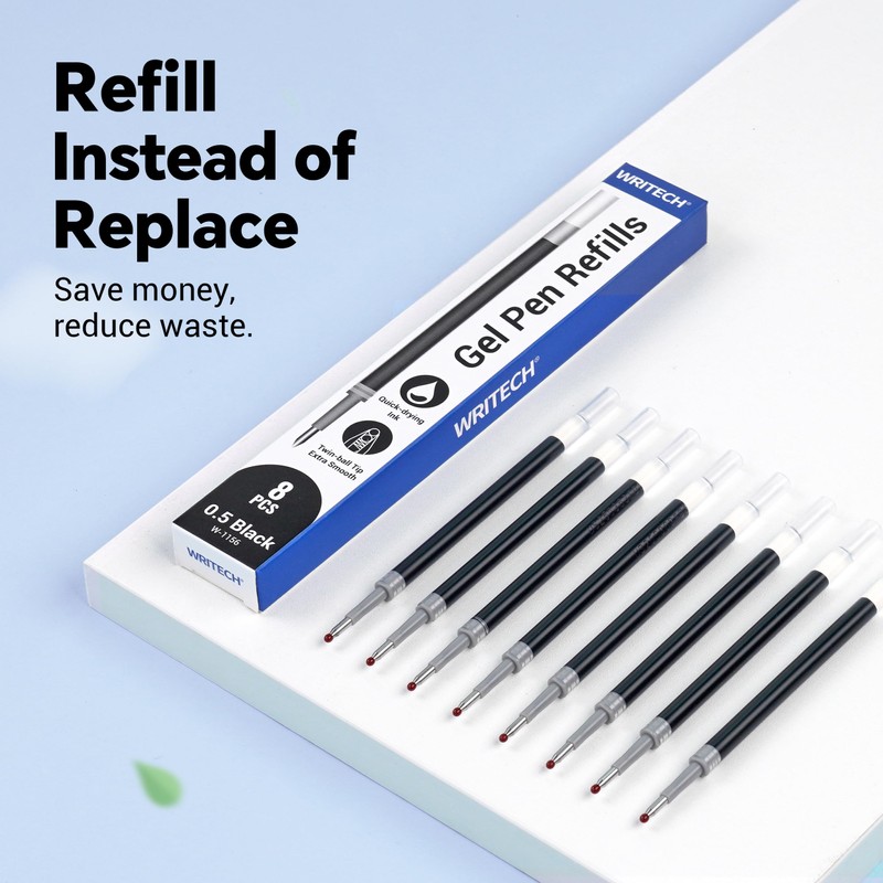 WRITECH W-1156 Gel Pen Refills: 0.5mm Fine Point, Black Ink,