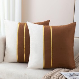 ZLINA Set of 2 Velvet Decorative Throw Pillow Covers Brown White Patchwork with Gold Leather Pillow Covers 22 × 22 Inch Cushion Covers Decor Living Room Sofa Bedroom Car