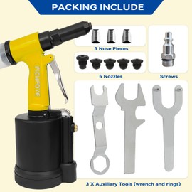 FICHFOYE Heavy Duty Pneumatic Rivet Gun, 4000lbf Rivet Gun Set- 3/32", 1/8", 5/32", 3/16", 1/4" Air Riveter with NPT 1/4 inch for Automotive, Construction, Manufacturing Industries,Yellow