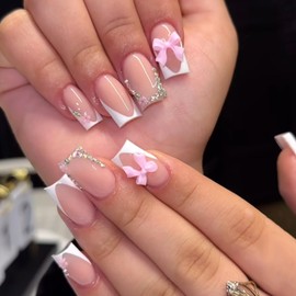24pcs White French Tip Press on Nails Short Square Fake Nails Rhinestones Full Cover Tip Glitter Stick on Nails Reusable False Nails Pink Bow Designs Glue on Nails for Women Girls Acrylic Nails