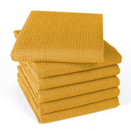 CottonCove 100% Cotton Waffle Kitchen Towels Large 16x26 inches - Soft Absorbent Washable Tea Towels Kitchen - Dish Cloths Towels with Hanging Loop - Set of 6 Quick Drying Dish Towels Yellow Mustard