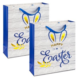 RACHELLE'S Easter Gift Bags with Handles (2 Pack, Blue) - Bunny Ears Design - Ideal for Wrapping Gifts, Egg Hunt Games, and Party Supplies - Kids' Easter Goodie Bags (12.5"x10.2"x4")
