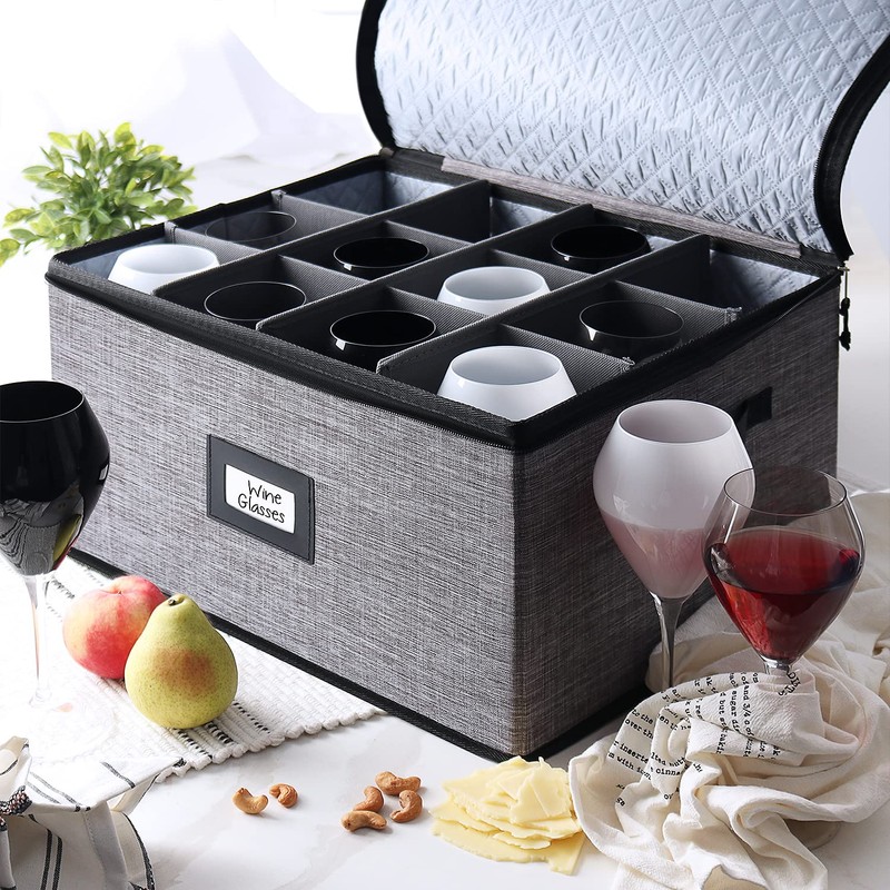 Wine Glass Storage Box with Dividers, 2 Pack Stackable Stemware