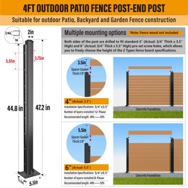 BITALS Q235A-Steel 4ft (H/48in) Heavy Duty Fence Post - End Post, Suitable for Outdoor Patio, Backyard and Garden Fence Post Bracket Construction (2pack-Matte Black)