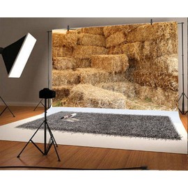 YongFoto Vinyl Photo Background Landscape Livestock Dry Rice Texture Straw Hay Bale Cube Photography Background for Photo Booth Party Photo Studio Props 1.5 x 1 m