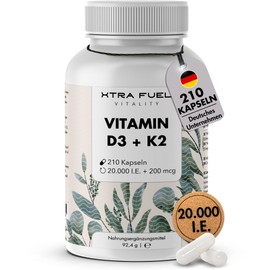 Vitamin D3 K2 Kapseln 20000 IE + Vitamin K2 MK7 200 mcg pro Kapsel - 210 Kapseln (hochdosiert) - ohne Zusätze - geprüft, vegan & ohne Zusätze