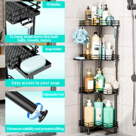 HapiRm Corner Shower Caddy Organizer - 4 Tier Shower Shelf Corner with Soap Holder, Rustproof Bathroom Standing Organizer with 4 Hooks, Black