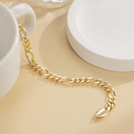 ERIN MARIE 14K Gold Bracelets for Women Men Non Tarnish Women’s Men’s Bracelet Figaro Link Gold Chain Bracelets 3-in-1 Charm Jewelry Gifts 6.5 in -9 in Length (8in)