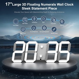 Digital Wall Clock 17" with Remote Control,3D Led Clock Adjustable Brightness Timer 12/24 Hr Time/Date/Temperature for Living Room/Office/Restaurant