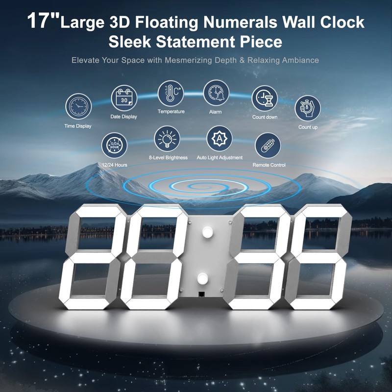 Digital Wall Clock 17" with Remote Control,3D Led Clock Adjustable