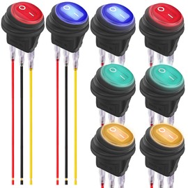 MKBKLLJY 8Pcs Red/Yellow/Blue/Green LED 12 Volt Rocker Switch Waterproof Round Rocker Toggle Switch 12V Lighted ON Off 3 Pin SPST for Car Boat Automotive RV with Locked Terminal Wires 4Color