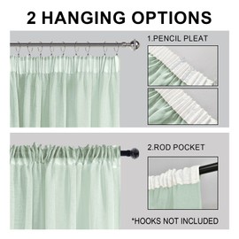 DWCN Voile Curtains with Ruffle Tape, Linen Look, 2 Pieces, Semi-Transparent Curtains for Living Room, Transparent Curtains, Extra Long, Green, 260 x 140 cm (Height x Width)