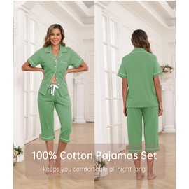 CF 100% Cotton Capri Pajamas Set Womens Button Down Sleepwear Short Sleeve Lounge Sets 2 Piece PJ Sets with Top & Capri Pants(Sage Green,M)