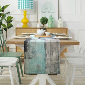 Rustic Table Runner Linen Teal Boho Table Runner Modern Turquoise Blue and Grey Decorative Cloth for Coffee Table, Holiday Parties, Wedding, Events Dinner, Home Decor 40 cm x 140 cm