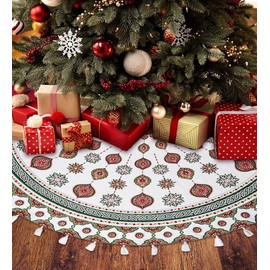 Luxury Christmas Tree Skirt - Handmade 60” Red & Green Boho Style with Mirror Accents & Tassels, Artisan Crafted, Fair Trade Cotton