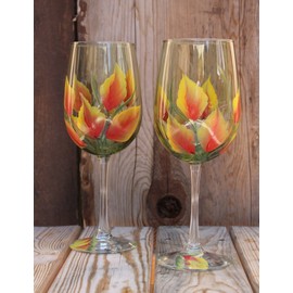 Hand Painted Wine Glasses (Set of 2) - Large Fall Leaves on Olive Green glass
