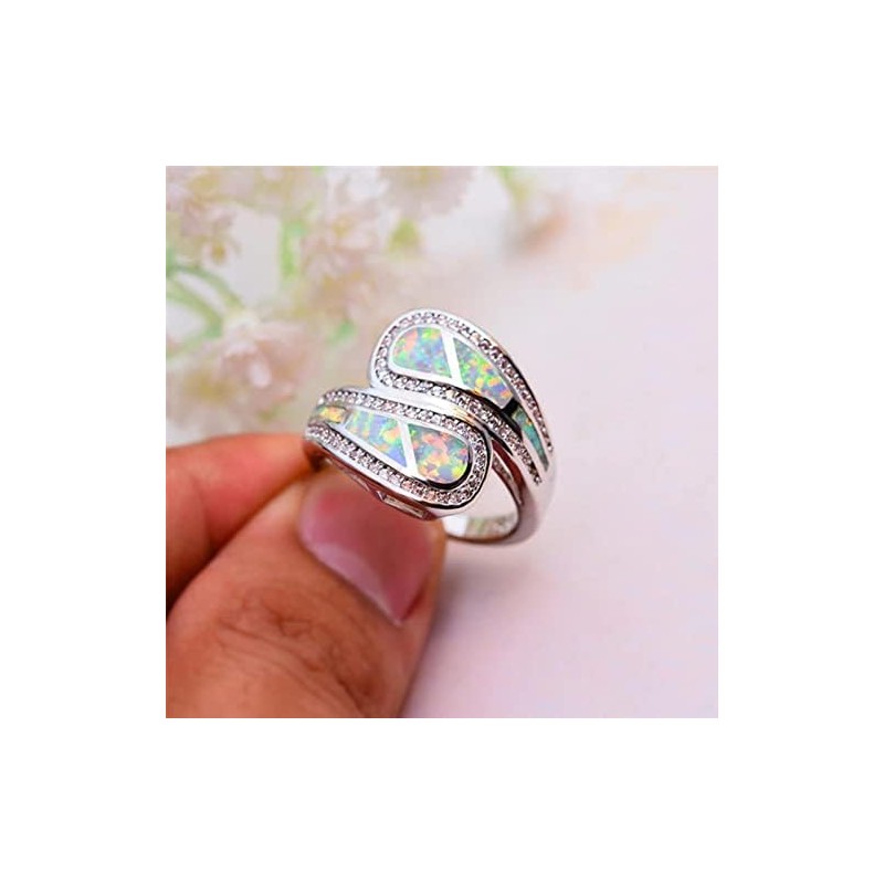 Anillo De Ópalo De Fuego Azul Blanco para Mujer, Anillo