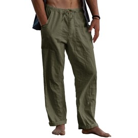 Gafeng Mens Linen Pants Yoga Beach Loose Fit Casual Summer Elastic Waist Drawstring Baggy Trousers with Pockets Army Green