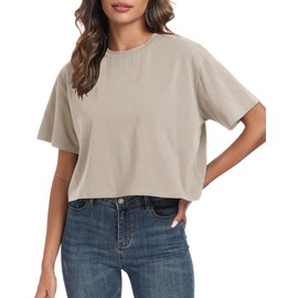 PRIMODA Women's Oversized Workout Cropped T Shirts Crew Neck Short Sleeve Casual Loose Summer Crop Tee Tops Cotton(Beige S)