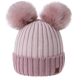 MFAZ Morefaz Ltd Women Ladies Winter Beanie Hat Knitted Chunky Beanie Hat with Double Faux Fur Pom Pom (Rose-Pink Powder-Pink)