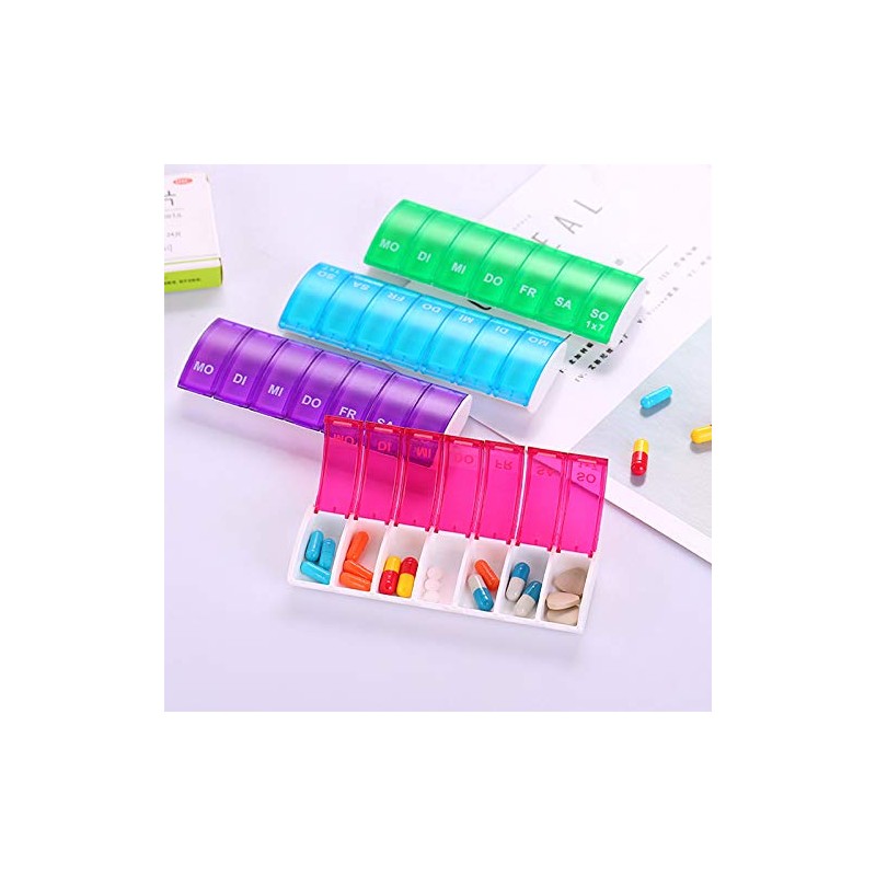 (Purple) Multi-Colored Weekly Pill Storage Container with 7-Grid Design, Ideal