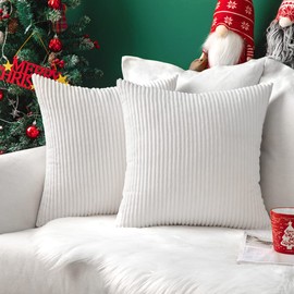 MIULEE Set of 2 Christmas Striped Corduroy Square Throw Pillow Case Soft Cushion Cover Sham Home for Sofa Chair Couch/Bedroom Decorative Fluffy Pillowcases 18x18 Inch 45x45cm Pure White