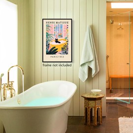 Vintage Henri Matisse Canvas Picture, Funny Black Cat Bathroom Poster, Cute Cat Bathroom Print, Pink Green Dopamine Wall Decor, Tropical Botanical Flower Picture, 30 x 40 cm, Unframed