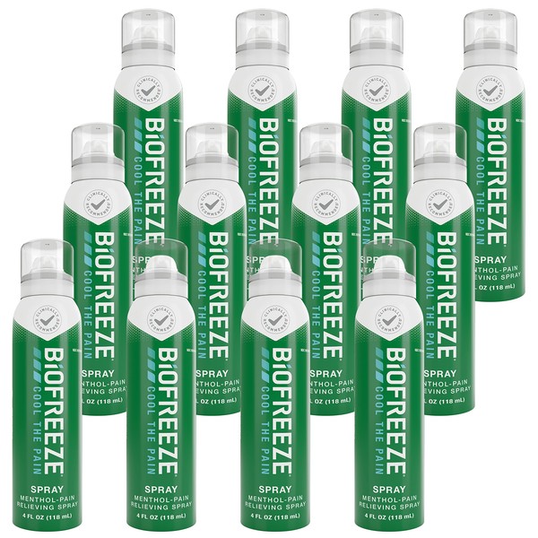 Biofreeze Menthol Pain Relieving Spray 4 FL OZ Colorless Aerosol Spray (Pack Of 12) For Pain Relief Associated With Sore Muscles, Arthritis, Simple Backaches, And Joint Pain (Packaging May Vary)