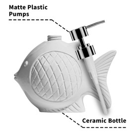 White Soap Dispenser Bathroom, Amaauto Ceramic Fish Shaped Lotion Hand Soap Dispenser with Easy-to-Press Stainless Pump, Large 16 Oz Capacity Allows Easy Replacement of Refills