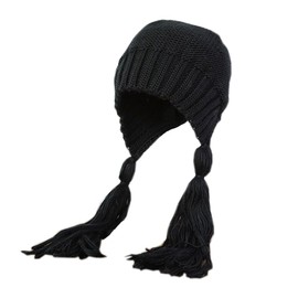 OhMill Women's Winter Knitted Cap Full Coverage Hat with 2 Long Knit Tassels for Ladies Lovely Knitting Wool Ski Beanie Cap for Teenage Girls, Black