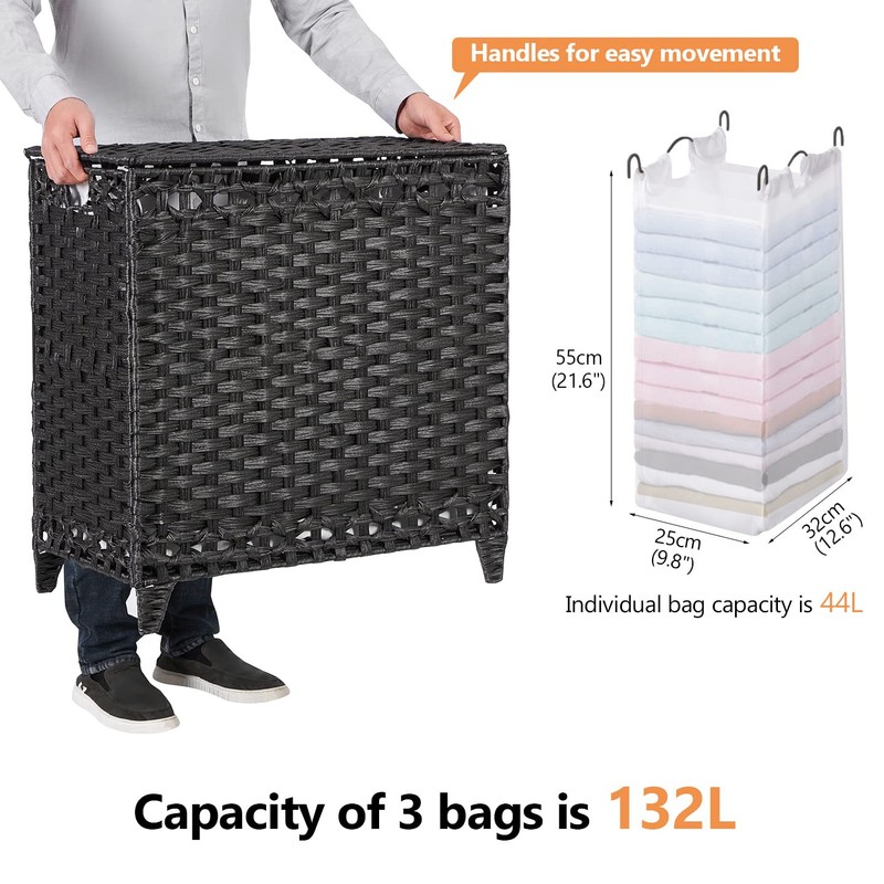 Laundry Hamper with 3 Removable Liner Bags; 132L Handwoven Rattan