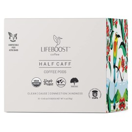Lifeboost Half Caff Coffee K Cups - Low Acid Half Caff Coffee Pods - Non-GMO Mold Free Pods Compatible with Keurig & Keurig 2 - Third Party Tested for Mycotoxins and Pesticides - 10 Count