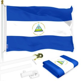UD_G128 Combo Pack: 6 Ft Tangle Free Aluminum Spinning Flagpole (White) & Nicaragua Nicaraguan Flag 3x5 Ft, LiteWeave Pro Series