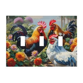 CZRPKEN Farmhouse Chicken Colorful Botanical Flowers 3 Gang Light Switch Covers Rustic Rooster Triple Toggle Wall Plate Decorative Switchplate Electrical Faceplate Farm Barn Decor