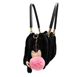 surell Rex Rabbit Fur Cat Pom Pom Key Chain - Faux Leather Glitter Ears and Tail - Bag Purse Charm - Gold Ring Fluffy Fur Ball - Fashion Gift (Pink)