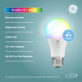 GE LED+ Color Changing LED Light Bulbs with Remote, No App or Wi-Fi Required, A19 Standard Bulbs (2 Pack)