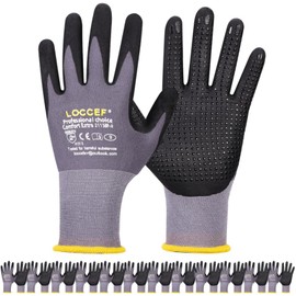 LOCCEF Work Gloves MicroFoam Nitrile Coated-6 Pairs,Endurance Seamless Knit Nylon,Dots on palm,Tacky Dot Grip Gloves (Black 12-Pairs, 11/XXL)