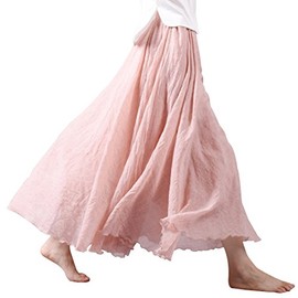 Kafeimali Women Bohemian Cotton Linen Double Layer Elastic Waist Long Maxi Skirt (P, 95CM-Length)