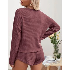 Ekouaer Womens Waffle Knit Pajama Sets Long Sleeve Top and Shorts Matching Lounge Set Loungewear Sweatsuit with Pockets Green