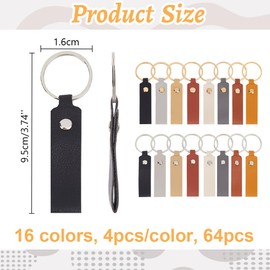 [PH PandaHall] 64pcs 16 Style Leather Key Chain Solid Color Key Chain Key Tag Rectangle Jewelry Pendant Making Material Name DIY Key Tag Key Ring Key Chain Home Car PU Leather Mixed Color, mixed color