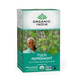 Organic India Tulsi Peppermint Herbal Tea - Holy Basil, Stress Relieving & Refreshing, Immune Support, Aids Digestion, Caffeine-Free - 18 Bags, 1 Pack