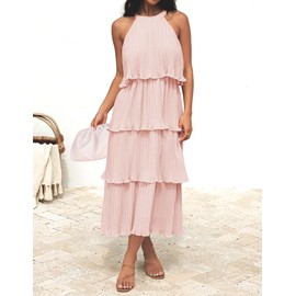 ZESICA Women's 2025 Summer Sleeveless Halter Neck Ruffle Tiered Layed Chiffon Flowy Swing Long Midi Dress,Pink,X-Large