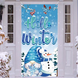 Winter Door Decorations, Hello Winter Door Banner for Winter Wonderland Christmas Party Decor,Winter Gnome Snowman Door Cover Decorations, Winter Xmas Holiday Door Wall Decoration