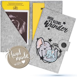 Emadele Mother Child Passport Cover Elephant 'Unser Kleines Wunder' Light Grey Felt Handmade Maternity Log Cover Organiser Compartments for Ultrasound Images, Vaccination Certificate Cover Format for