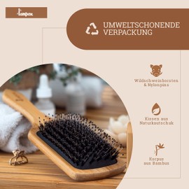 lampox - Bamboo Hair Brush with Boar Bristles Head Massage Hair Care, Detangling Brush for Long Hair & Curls of Women, Men & Children, Massage Brush for Scalp, Detangler (Rectangular)